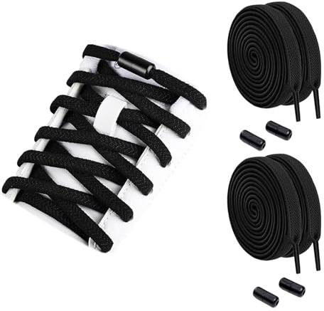 4 Pcs Non Tied Shoelaces, Elastic Shoe Laces, No Tie Shoe Laces for Trainers, Premium Elastic Weave & Quick Lock Buckle for Adults/Kids Trainers, Sneakers, Running Shoes (with 2 Pairs Round Buckles)