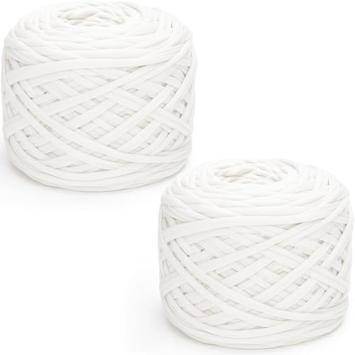 285 g x 2 tjockt t-skjorta garn för virkning, 2 cm brett tjockt virkat elastiskt tyg, handstickning t-shirt garn för virkad kudde, docka, korg, väska och filt (vit)
