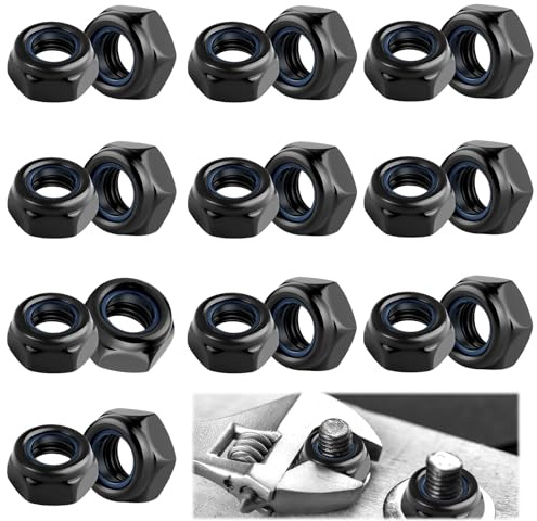 M8 Hex Nut 20Pcs 8mm Self Locking Nuts Black Nyloc Steel Nut with Nylon Insert M8 Hexagon Threaded Anti-Loosening Fasteners for Washers Bolts Screws Machinery Automotive DIY Projects