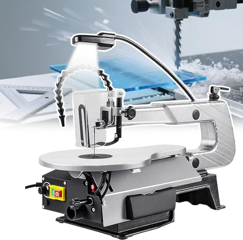 Sega a scorrimento con tavolo da lavoro inclinabile in metallo, regolazione continua della velocità, luce regolabile universalmente, basso rumore, include 20 seghe