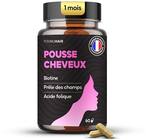 Pousse Cheveux Femme – Complément Alimentaire Biotine + Plantes + Acide Folique – Force, Croissance et Volume – 60 Gélules – Cure 1 mois - Fabriqué en France – Young Hair