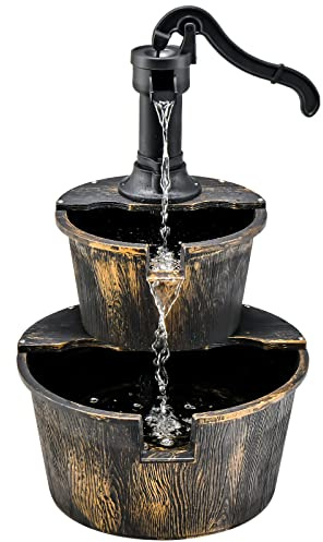 FANTASK Brunnen mit Pumpe, Springbrunnen Gartendeko, Gartenbrunnen für Balkon Terrasse Garten, 45,5 x 41 x 68 cm, Braun