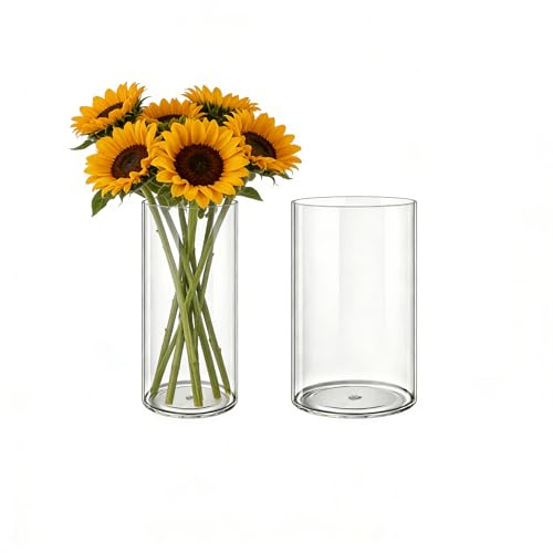 MELEJIA Set di 2 Vasi in Acrilico, Rotondo Vaso Trasparente, Vaso Indistruttibile Leggero, Vasi Trasparente Resistente per Fiori Freschi/Finti, Decorazione Interna/Esternea (10 x 20cm e 12 x 20cm)