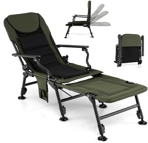 GIANTEX Vikbar fiskestol, vadderad solstol med ryggstöd upp till 180° och upphöjda ben, belastar upp till 150 kg, bärbar stol för camping, trädgård