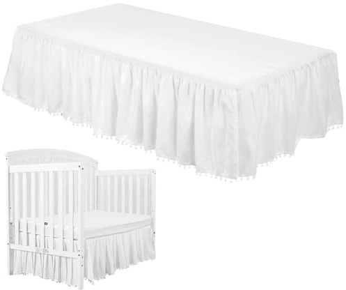Jupe De Berceau – Literie En Tissu Doux 71,1 X 132,1 Cm, Motif À Volants Pompons, Décoration De Chabre D'enfant Confortable | Jupe De Lit De Berceau Décorative, Créative Et Durable, Pour Bébés Garçon