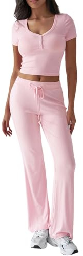 Rayson Tuta da Donna Elegante Completo Sportivo Manica Corte Set Top Maglia Con Bottoni e Pantaloni con Tasche e Coulisse（Rosa,S）