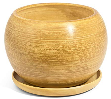 Keramik Blumentopf mit Untersetzer Unikat Kugel handbemalt D 180 mm hell braun