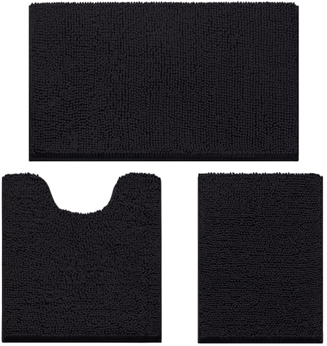 HOMEIDEAS 3 Pieces Bathroom Rugs, Ultra Soft Non Slip Absorbent Chenille Toilet Bath Mat Set (Black)
