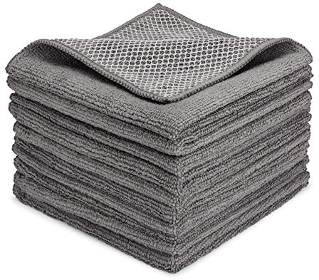Zflow Microfiber Dish Cleaning Cloth in Grey - Dish Rags Kitchen Cleaning Cloths with Poly Scour Mesh Scrubbing Side - 10 Pack 12x12