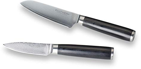 ECHTWERK Set de 2 couteaux damassés, couteau Santoku env. 13cm/éplucheur env. 8cm, couteau de cuisine, couteau japonais, couteau à légumes, acier damassé, manches en bois Pakka