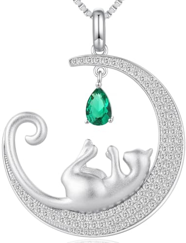 jiamiao Katthalsband för kvinnor och damer, katt- och fisk-halsband, katt, måne, halsband, sterling silver, kattsmycken för kvinnor, flickor, två katter, hänge