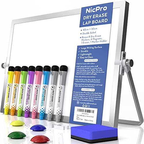 Nicpro Dry Erase Mini Whiteboard A3, 40 x 30 cm Double Sided Small Magnetic Desktop White Board with Stand, 8 Pens, 1 Eraser,4 Magnet, Portable Board Easel for Kids Students School Supplies Office