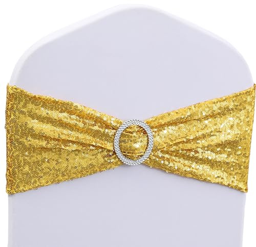 Pack of 50 Sequin Gold Chair Sashes Bows Glitter Chair Bands with Buckles