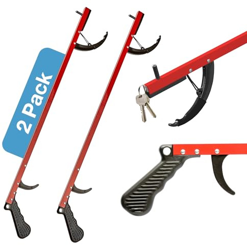 Sammons Preston Reacher, röd, 66 tum, greppverktyg, lätt skräpplockare och trädgårdsknappare, praktisk aluminium picker up-verktyg och räckklor, bärbart räckviddsassistent och toalettverktyg, 2-pack