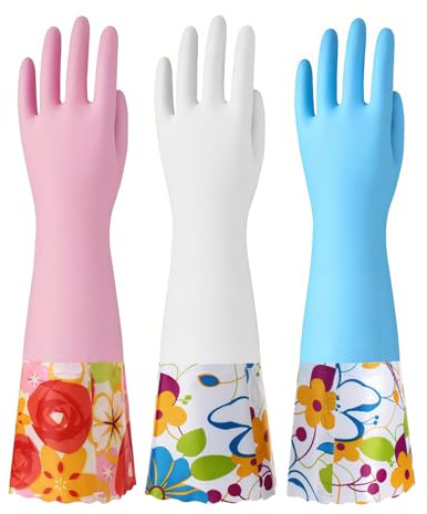 Bamllum 3 par rengöringshandskar i gummi, diskhandskar för hushållskök med bomullsflockat foder, lång manschett 40 cm, återanvändbar, halkfri (stor, blå + rosa + vit)