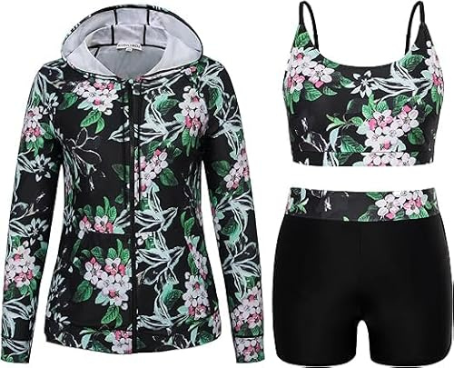 Hanna Nikole Costume da bagno da donna, taglie forti, da spiaggia, a maniche lunghe, tankini, Fiore bianco e nero, 52 Große Größen