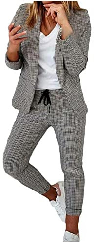 Tailleur 2 PièCes Femme Ensemble Blazer Et Pantalon OL Imprimé à Carreaux Slim Fit Formel Bureau Travail Office Costume Col Revers Veste Manteau Ensemble