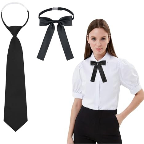 Kinretixia 2er Pack Verstellbare Krawatte für Damen und Mädchen - JK Uniform Seidenoptik Glänzend Vorgebundenes Gummiband (Schwarz)