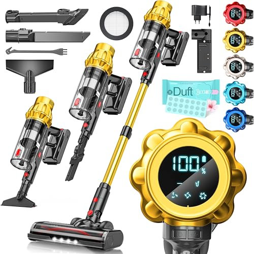 KESSER® Akku Staubsauger kabellos bis 70 Min. Laufzeit & Leise | Akkustaubsaguer mit LED Display Stabstaubsauger beutellos mit Anti-Tangle-Bodenbürste für Hartböden Teppich Tierhaare