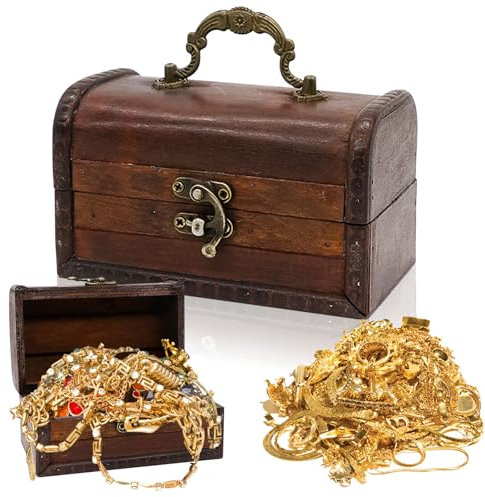 Forbabe Petit coffre au trésor en bois vintage - 14 x 8,5 x 8,5 cm - Rouge marron - Petite boîte de pirate - Pour anniversaire d'enfant - Pour personnels et cadeaux