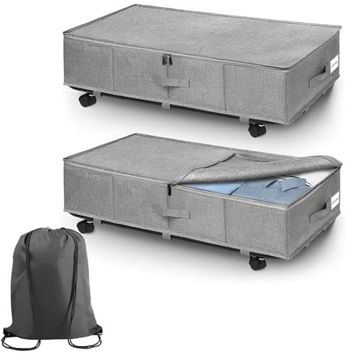 2 Pack Under Bed Storage Box with Lid, Wheels & Bag, 60L Foldable underbed Storage solution for clothes, shoes & blankets. Perfect under bed clothes organizer and under the bed depository organizer