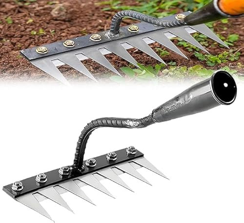 Weeding Rake - 7 Teeth Carbon Steel Manual Tools Heavy Duty Iron Garden Rake 2.0 with Metal Tines -Sharp Durable Gardening Weeding Tools