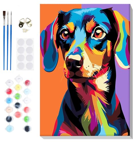 Lxmsja Perro Colorido Pintar por Numeros Adultos Niños con Marco, DIY Animal Cuadros para Pintar Colorear por Números Lienzos, Pintura Acrilica Manualidades Adulto Decoracion Hogar Pared 20x30cm