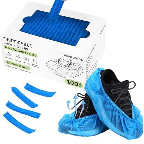 PUPILLEMON 50 Pièces Surchaussures Jetables en Non Tissé, Surchaussures Antidérapantes Résistantes, Couvre-Chaussure pour Protection Chaussure et Sol, Jusqu'à Pointure 47 (Bleu)
