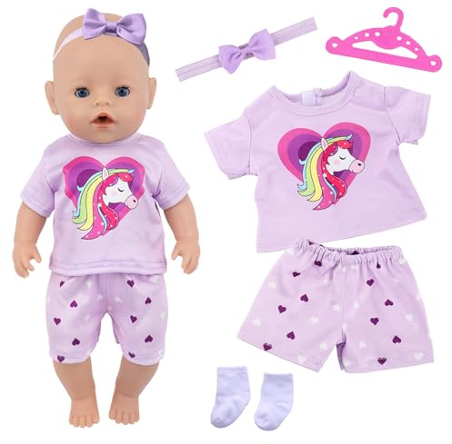 Baby Doll Clothes for 14-18 Inch Doll 35-43 cm Baby Doll, Cute Doll Clothes Outfits Accessories with 1 Pony Short-Sleeved shirt 1 Heart Shorts 1 Bow Headband 1 Hanger 1 sock Baby Dolls Girls Birthday