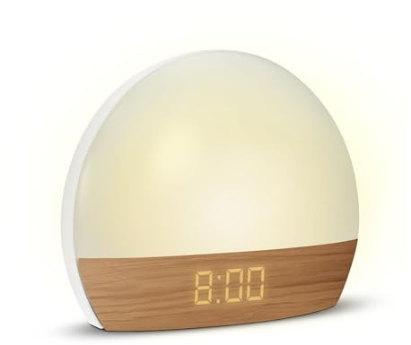 mooov 477356 - Sveglia simulatore di alba Lumiere Progressive su settore, illuminazione per luminoterapia, luce bianca o colore, ricarica porta USB-A, effetto naturale legno