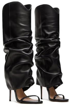 MAIJED Slouchy Knee High Boots for Women Open Toe High Heel Sandals Boots Pull On Long Fashion Stiletto Heeled Boots, Black, 6 UK
