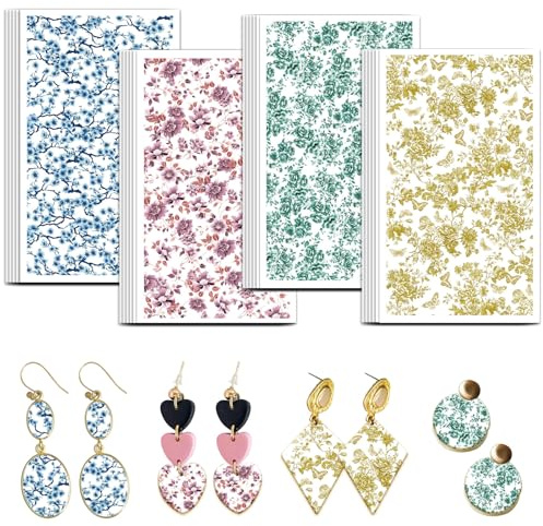 OLYCRAFT Papel de transferencia con flores orientales, diseño de 4, 24 unidades, papel de transferencia con motivos de rosas para arcilla polimérica, hojas de transferencia de ciruelo, pequeñas