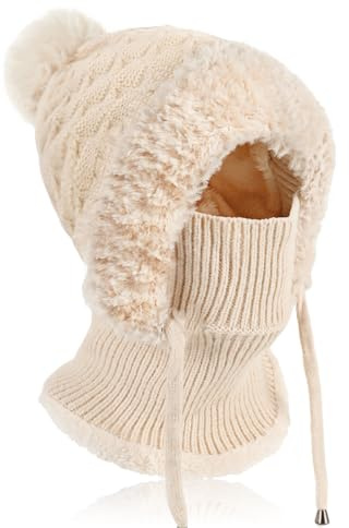 AYPOW Winter Warm Hat with Neck Warmer for Women, Windproof Knit Beanie Hat With Bobble Pom Pom Soft Thermal Fleece Lining, Slouch Woolly Hats Balaclava Face Mask Snood Hood Scarf for Outdoor Sport