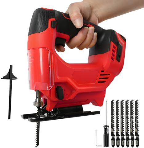 Trådlös sticksåg kompatibel med Milwaukee m18, 420 W 3 500 RPM borstlöst kontursågsverktyg 45° avfasade skär med 6 blad för rak kurvcirkel skärning (röd)