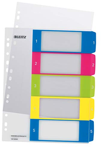 Leitz WOW Utskrivbart register, A4, extra brett, fem numrerade flikar, polypropen, vit/multi, 12410000