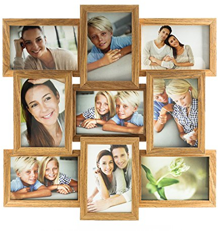 levandeo Holz Bilderrahmen Collage B x H: 45x45cm hochwertig verarbeitet 9 Fotos 10x15cm Glasscheiben Farbe Eiche Natur Fotogalerie Fotocollage Bildergalerie Fotorahmen