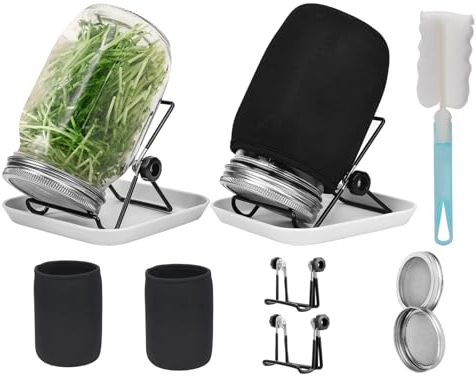 Hisredsun Bocal De Germination De Graines, 2 Pots Mason à Large Ouverture Avec Couvercles De Germination En Acier Inoxydable 304,1000ml,Avec Plateau,Support,Toile D'ombrage Et Brosse,Germes De Graines
