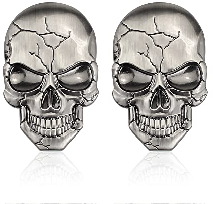 FainFun Stickers Tête de Mort 3D Velo, 2 Pièces Autocollant de Crâne, Autocollants Réservoir Tête de Mort, Cool, Décorez Votre Voiture (Argent)