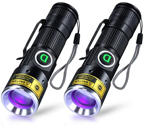 DARKDAWN UV 395nm Lights Flashlights USB Rechargeable Ultraviolet LED Blacklight Mini Wood’s Lamp Portable Blacklight for cat Urine Detection Dry Stains, Uranium Glass, Leak Detection, 395 nm 2 Pack