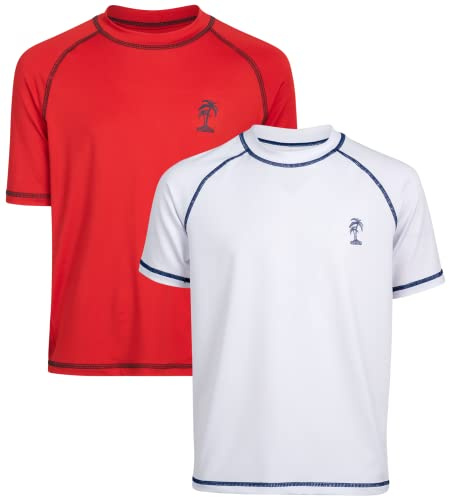 iXtreme Boys Swim Shirt - 2 Pack UPF50+ Quick Dry Long Sleeve & Short Sleeve Rash Guard for Boys Kids Youth Summer Beach Wear, Size 10-12, White/Red