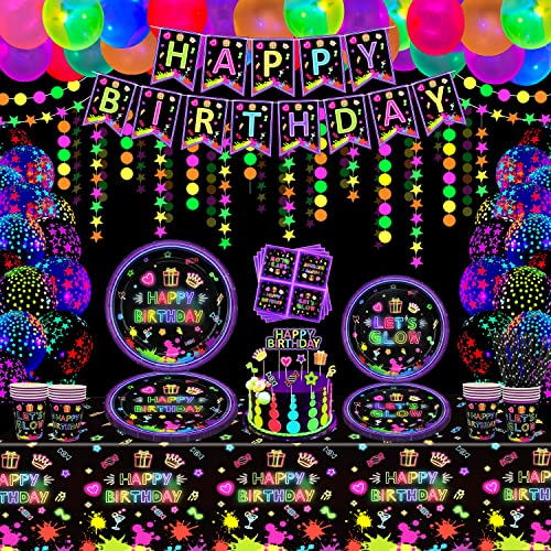 168 Confezioni Forniture per Feste al Neon Fosforescenti Decorazioni per Feste Fosforescenti Set di Stoviglie per Feste a Luce Nera - Piatti, Striscioni, Palloncini, Tovaglia, Ghirlanda Per 20 Persone