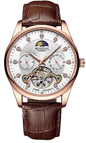 RORIOS Herren Automatik Tourbillon Diamant Skelett Uhr - Wasserdichte Mechanische Armbanduhr Mit Leuchtender Mondphase Und Lederarmband - Braun Weiß A