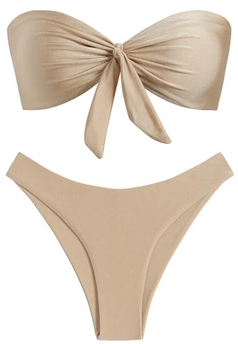 ZAFUL Knotted Bandeau Bikini for Women Strapless Swimsuits High Cut Bathing Suit Sexy 2 Piece Swimwear Light Beige M