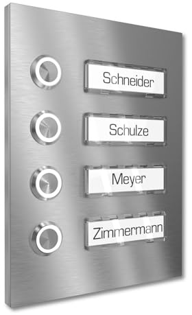 Graviers Design Timbre multifamiliar de superficie con pulsador LED 4 placas de nombre - V2A de acero inoxidable 140x185 mm - Iluminación de nombre seleccionable para puerta