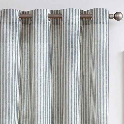 TOPICK Blue Striped Linen-Texture Privacy Curtains for Bedroom 63 Inches Drop Long, Eyelet Light Filtering Curtain 2 Panels for Living Room, Lightweight Curtains for Cafe, Kitchen, 50 W x 63 L Inch