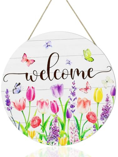Huakaile Spring Tulip Welcome Sign, Pink Purple Floral Butterfly Door Decor, Wooden, 11.8 x 11.8