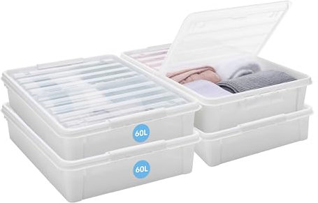 SmartStore Large Plastic Under Bed Storage Boxes with Lid and Wheels- 4 Pack - 60L - Transparent Foldable Lid - Strong Clips - Recycled Plastic Storage Boxes - 10 Year Guarantee - L79 x W59 x H18.5 cm