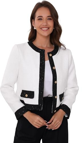 Allegra K Veste en Tweed Élégante Femme Couleur Contrastée sans Col Paillettes Vestes Courtes de Business et de Bureau Blouson Court Boutonnage Blanc S