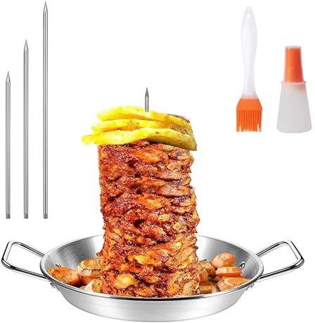 MEETOZ Stainless Steel Vertical Meat Skewer, BBQ Vertical Skewer Grill with 3 Replacement Spikes, Brazilian Barbecue Grilling Rack Meat Spit with Drip Tray for Whole Chicken Fish Sausage Steak