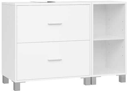 eSituro Waschbeckenunterschrank weiß, Badezimmerschrank mit 2 Schubladen Seitenschrank, Badezimmer Unterschrank Waschbecken, Waschtischunterschrank freistehend, 90x60x30 cm
